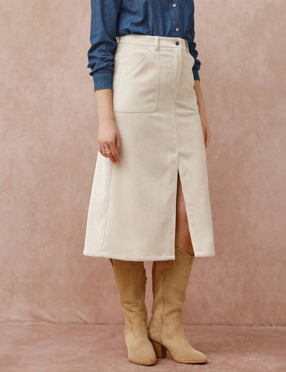 Jupe longue fendue, velours côtelé (grège) Jupe longue fendue, velours côtelé (grège)